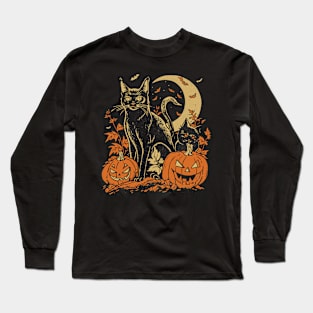 Vintage Halloween Black Cat Witch Retro Cute Super Cool Best Gift Long Sleeve T-Shirt